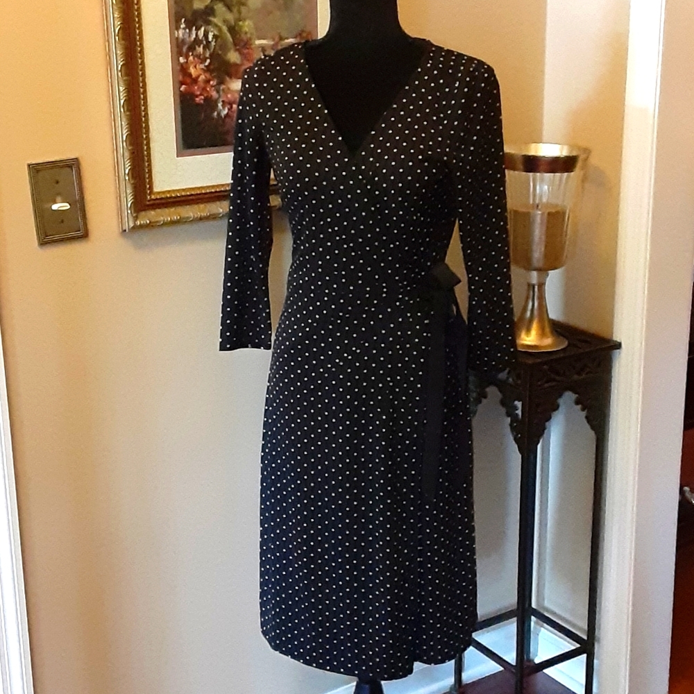 Ann Taylor Loft black tan polka dot wrap dress Grograin ribbon ties size 4 EUC…